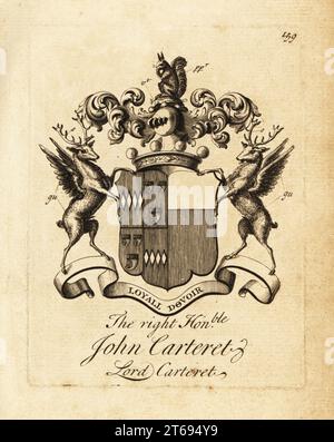 Stemma di destra onorabile John Carteret, Lord Carteret, 2° conte Granville, 7° Seigneur di Sark, 1690-1763. Incisione su copperplate di Andrew Johnston dopo C. Gardiner di Notitia anglicana, che cotta i successi di tutta la nobiltà inglese, Andrew Johnson, The Strand, London, 1724. Foto Stock