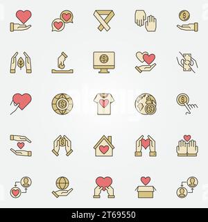 Set di icone creative vettoriali per beneficenza e donazioni. Concetto di volontariato e sponsorizzazione simboli colorati o elementi di design Illustrazione Vettoriale