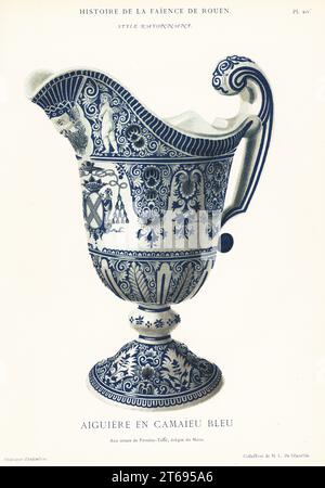 Ewer in camaieu blu, stile festone. Con lo stemma di Charles-Louis de Froulay de Tesse, Vescovo di Marte. Aiguiere en camaieu bleu, aux armes de Froulay-Tesse, Eveque du Mans. Stile rayonnant. Chromolithograph dopo un'illustrazione di Emilie Pottier dall'Histoire de la Faience de Rouen di Andre Pottier, Auguste le Brument, Rouen, 1870. Foto Stock