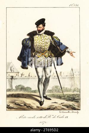 Moda maschile durante il regno di re Carlo IX di Francia, 1572. Cappuccio, colletto a ruggine, giacca foderata in pelliccia, doppietta ricamata, tubo e spada. Costume Civil sous le Regne de Charles IX Litografia colorata a mano di Lorenzo Bianchi e Domenico Cuciniello dopo Hippolyte Lecomte da Costumi civili e militari della monarchia francese dal 1200 al 1820, Napoli, 1825. Edizione italiana dei Lecomti costumi civili e militari della monarchia francese dal 1200 al 1820. Foto Stock