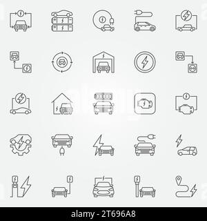 Set di icone di profilo del veicolo elettrico. Simboli del concetto di auto Vector completamente elettrica e punto di ricarica elettrica in linea sottile Illustrazione Vettoriale