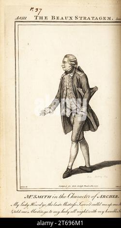 William Smith interpreta Archer in George Farquhars the Beauxs Strategem. Smith interpretò il ruolo per la prima volta nel 1756 al Covent Garden Theatre. Incisione a lastra di rame di J. Edwards (ma John Reading scolpisce. Nell'immagine) dopo un'illustrazione di James Roberts del Bells British Theatre, composta dalle opere inglesi più stimate, John Bell, Londra, 1780. Foto Stock