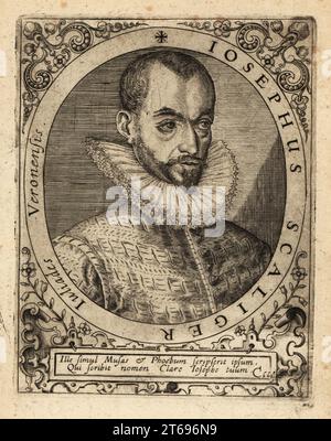 Joseph Justus Scaliger, leader religioso e studioso francese, 1540-1609. Josephus Scaliger Iuliades Veronensis. Incisione su lastra di rame di Johann Theodore de Bry di Jean-Jacques Boissards Bibliotheca Chalcographica, Johann Ammonius, Francoforte, 1650. Foto Stock