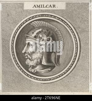 Amilcare i di Cartagine, generale e re Magonide, 510-480 a.C. circa. Figlio di hanno, padre di Gisco, ucciso nella battaglia di Himera, in Sicilia. Capo di un uomo barbuto con casco crestato. Amilcar. Incisione su lastra di rame dopo un'illustrazione di Joachim von Sandrart dalla sua LAcademia Todesca, della Architectura, Scultura & Pittura, oder Teutsche Academie, der Edlen Bau- Bild- und Mahlerey-Kunste, Accademia tedesca di architettura, scultura e pittura, Jacob von Sandrart, Norimberga, 1675. Foto Stock