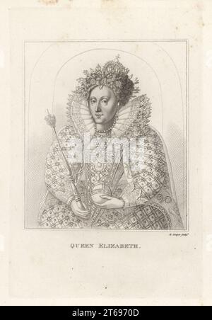 Regina Elisabetta i d'Inghilterra, 1533-1803. A corona con sfera e scettro, colletto in pizzo, abito ricamato e ingioiellato. Inciso da Robert Cooper dopo un ritratto di Reginold Elstrack. Incisione su lastra di rame dalla Samuel Woodburns Gallery di ritratti rari costituiti da piastre originali, George Jones, 102 St Martins Lane, Londra, 1816. Foto Stock
