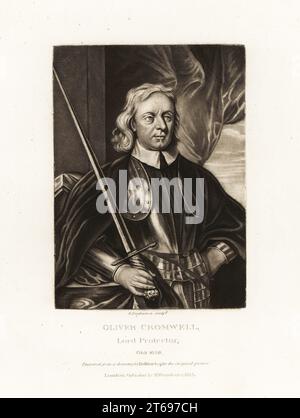 Oliver Cromwell, 1599-1658, generale e statista inglese, capo degli eserciti del Parlamento contro re Carlo i nella guerra civile inglese, Lord Protector. In armatura di sfilata, collar sopra il suo gorget, tenendo una spada. Incisione a mezzotinta di Robert Dunkarton dopo un disegno di John Bullfinch dopo il ritratto originale di Richard Earlom e dei ritratti di personaggi di Charles Turner Illustrious in British History incisi a Mezzotinto, pubblicato da S. Woodburn, Londra, 1814. Foto Stock