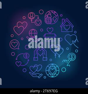 Illustrazione lineare colorata vettoriale circolare di beneficenza su sfondo scuro Illustrazione Vettoriale