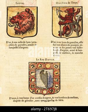 Stemmi dei nove Worthies: Giosuè con testa di leoni, Ettore di Troia con leone su una sedia, e Re Davide con arpa e caratteri ebraici. JOSUE, HECTOR de Troye, le Roy DAVID. Incisione in legno a mano da Hierosme de Baras le Blason des Armoiries, Chez Rolet Bouton, Parigi, 1628. Foto Stock
