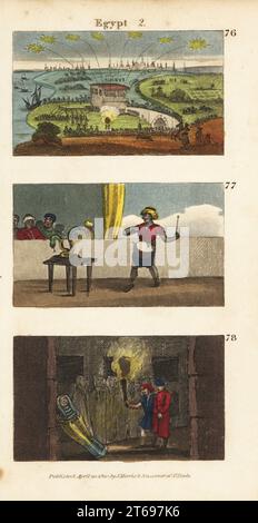 Fuochi d'artificio all'apertura cerimoniale delle dighe per inondare il bacino del Nilo 76, artisti incantatori di serpenti 77 e turisti che guardano mummie imbalsamate nelle catacombe dell'Egitto 78. Incisione su copperplate a mano dal Rev. Isaac Taylors Scenes in Africa for the Amusement and Instruction of Little Tarry-at-Home Travelers, Harris and Son, Londra, 1820. Foto Stock