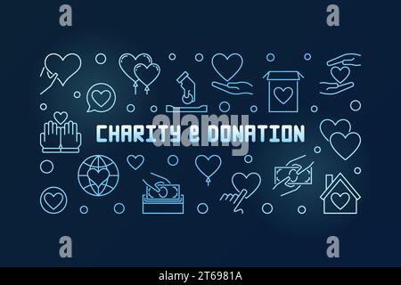 Banner o illustrazione blu vettoriale di beneficenza e donazione su sfondo scuro Illustrazione Vettoriale
