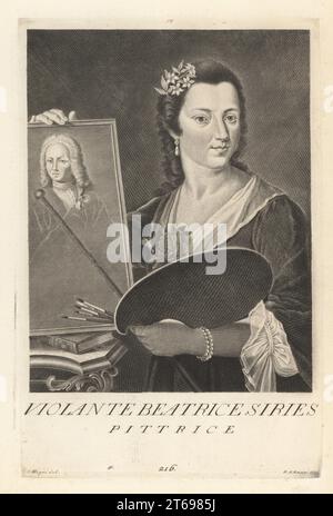 Violante Beatrice Siries, pittrice italiana, 17091783. Nata a Firenze, studiò con Hyacinthe Rigaud e Francesco Boucher prima di sposare Giuseppe Cerroti. In abito con fiori tra i capelli, tenendo tavolozza, pennelli e mahl stick, con ritratto. Pittrice. Incisione su lastra di Pietro Antonio Pazzi dopo Giuseppe Magni, dopo un autoritratto dell'artista dal Museo Florentino di Francesco Moucke, serie di ritratti de pittori, stamperia Mouckiana, Firenze, 1752-62. Foto Stock