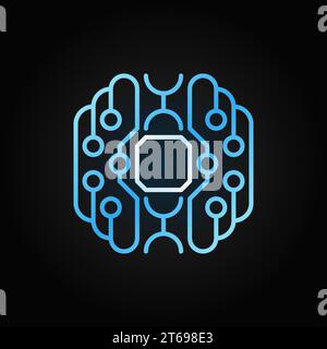 Icona Smart Brain Blue Outline (cervello intelligente). Segno vettoriale cybercervello in stile linea sottile su sfondo scuro Illustrazione Vettoriale