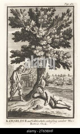 Il monarchico William nasconde re Chales II dalle truppe di Oliver Cromwell nei rami di un albero di quercia dopo la battaglia di Worcester, 1651. Sullo sfondo, una feroce battaglia navale sul fiume Severn. Re Carlo II e colonnello imprudenti, consigliando sotto la Royal Oak. Incisione su lastra di rame dalla Samuel Woodburns Gallery di ritratti rari costituiti da piastre originali, George Jones, 102 St Martins Lane, Londra, 1816. Foto Stock