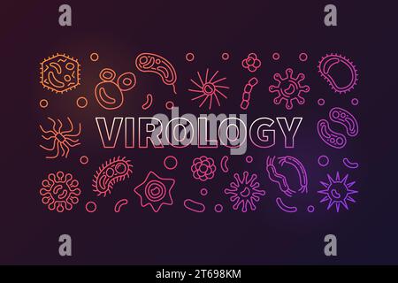 Banner orizzontale colorato Virology. Illustrazione del concetto di biologia vettoriale in linea sottile realizzata con icone di microbi e virus su sfondo scuro Illustrazione Vettoriale