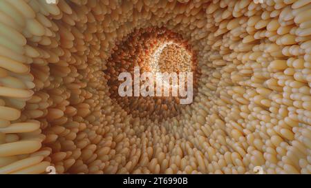 Viaggio attraverso il paesaggio intestinale: Navigazione nella densa Foresta di Villi - Rendering 3D. Foto Stock