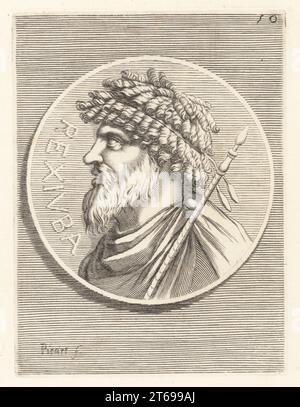 Re Giuba i di Numidia, 85-46 a.C. circa, re di Numidia (regnante 60-46 a.C.). Era il figlio e successore di Hiempsal II Con barba e capelli ricci, mantello e scettro. Da una moneta d'argento. Rex Iuba. Incisione su lastra di Etienne Picart su Giovanni Angelo Canini di Iconografia, cioe disegni d'imagini de famosissimi monarchi, regi, filososi, poeti ed oratori dell'Antichita, disegni di immagini di famosi monarchi, re, filosofi, poeti e oratori dell'antichità, Ignatio deLazari, Roma, 1699. Foto Stock