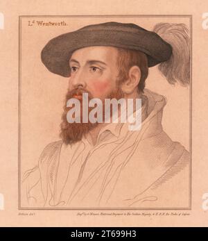 Thomas Wentworth, 1° barone Wentworth, 6° barone le Despencer (1501-1551), peer e cortier inglese, Lord Chamberlain sotto il re Edoardo VI. LD Wentworth. Incisione a stiletto a copperplate a mano di G. Minasi dopo un ritratto di Hans Holbein il giovane da imitazioni di disegni originali di Hans Holbein, John Chamberlaine, Londra, 1812. Foto Stock