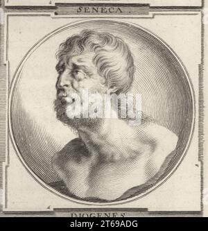 Lucio Anneo Seneca il giovane, filosofo stoico dell'Antica Roma, c.4 a.C. - 65 d.C. Statista, drammaturgo e satirico dell'età post-augustea della letteratura latina. Seneca. Incisione su piastra di rame di Bartholomaus Kilian su un'illustrazione di Joachim von Sandrart dalla sua LAcademia Todesca, della Architectura, Scultura & Pittura, oder Teutsche Academie, der Edlen Bau- Bild- und Mahlerey-Kunste, Accademia tedesca di architettura, Scultura e Pittura, Jacob von Sandrart, Norimberga, 1675. Foto Stock