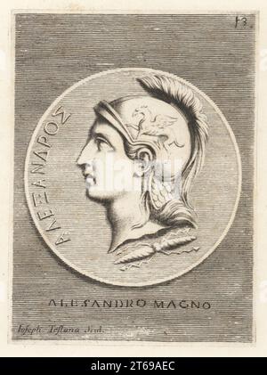 Ritratto di profilo di Alessandro Magno, Alessandro III di Macedonia, 356 323 a.C., re dell'antico regno greco di Macedonia. Indossa un elmetto corinzio crestato decorato con un cavallo alato Bucefalo, un fulmine al collo. Da una medaglia di bronzo. Alessandro Magno. Incisione su lastra di Giuseppe Testana su Giovanni Angelo Canini di Iconografia, cioe disegni d'imagini de famosissimi monarchi, regi, filososi, poeti ed oratori dell'Antichita, disegni di immagini di famosi monarchi, re, filosofi, poeti e oratori dell'antichità, Ignatio deLazari, Roma, 1699. Foto Stock