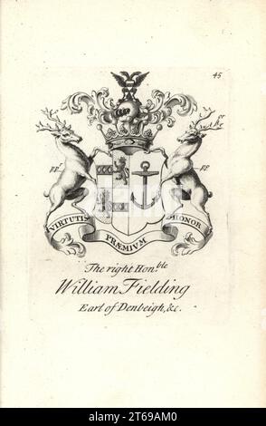 Stemma e stemma della destra onorevole William Fielding, 5th Conte di Dambeigh, 1697-1755. Incisione copperplate di Andrew Johnston dopo C. Gardiner da Notitia Anglicana, Che Spiega I Loro Successi di tutta La Nobiltà inglese, Andrew Johnson, The Strand, Londra, 1724. Foto Stock