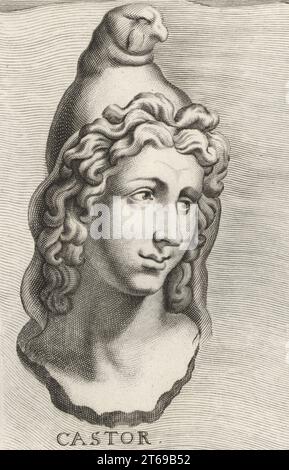 Castor, uno dei fratellastri gemelli nella mitologia greca e romana, conosciuto insieme come Dioscuri. Fratello di Polluce o Polideuces, figlio di Zeus o Tindareo e Leda. Castor. Incisione su lastra di rame di Johannes Franck dopo un'illustrazione di Joachim von Sandrart dalla sua LAcademia Todesca, della Architectura, Scultura & Pittura, oder Teutsche Academie, der Edlen Bau- Bild- und Mahlerey-Kunste, Accademia tedesca di architettura, scultura e pittura, Jacob von Sandrart, Norimberga, 1675. Foto Stock