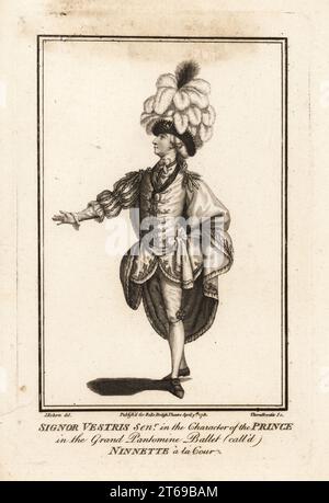 Il signore Gaetan Vestris senior nel personaggio del Principe nel balletto della grande pantomima chiamato Ninette a la Cour. Incisione su copperplate di J. Thornthwaite dopo un'illustrazione di James Roberts nel British Theatre di John Bell, Londra, 9 aprile 1781. Foto Stock