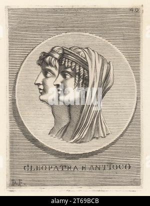 Cleopatra Tea e suo figlio Antioco VIII, governanti dell'Impero seleucide. Cleopatra Thea, soprannominata Eueteria, sovrano dell'Impero seleucide ellenistico, 164-121 a.C. circa. Antioco VIII Epifane, soprannominato Gripo, sovrano dell'Impero seleucide ellenistico dal 125 al 96 a.C.. Donna con ricci in diadema reale e velo, giovinezza in diadema reale, da una medaglia di bronzo. Cleopatra e Antioco. Incisione su lastra di Etienne Picart in onore di Giovanni Angelo Canini di Iconografia, cioe disegni d'imagini de famosissimi monarchi, regi, filososi, poeti ed oratori dell'Antichita, disegni di immagini di famosi monarchi Foto Stock