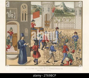 Pietro di Crescenzi supervisiona la cultura vitivinicola e la produzione vinicola, Francia, XV secolo. Uomini che si occupano di viti, vendemmia, stampaggio di uva, versamento di vino da un barile, degustazione di vino, ecc. La culture des vignes et la fabrication du vin. Francia, XVe siecle. Dal manoscritto di Pierre de Crescens Livre des Profits chempetres, SC. A. F. 119 (5064), Folio 68v, Bibliotheque de l'Arsenal. Cromolitografia di ad. Levie dopo un'illustrazione di A. Giere da Charles Louandres Les Arts Somptuaires, The Sumptuary Arts, Hangard-Mauge, Parigi, 1858. Foto Stock