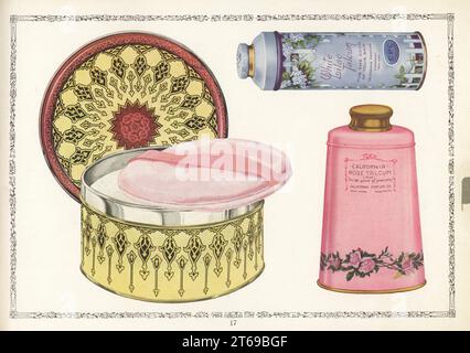 Cosmetici a marchio CPC dal 1926. Scatola rotonda di polvere di talco di Superite con soffio, lattina di polvere di talco bianco e lattina di talco di California Rose. Chromolithograph di un artista sconosciuto del catalogo dei prodotti della California Perfume Company (successivamente Avon), New York, Kansas, Montreal, 1926. Foto Stock