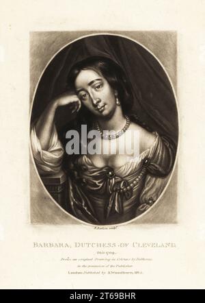 Barbara Palmer, prima duchessa di Cleveland, contessa di Castlemaine, 1640-1709. Padrona di re Carlo i e madre dei suoi figli illegittimi. Incisione a mezzotinta di Richard Earlom dopo un disegno a colori di William Faithorne dopo un ritratto di Sir Peter Lely di Richard Earlom e i ritratti di personaggi di Charles Turner Illustrious in British History incisi in Mezzotinto, editi da S. Woodburn, Londra, 1815. Foto Stock