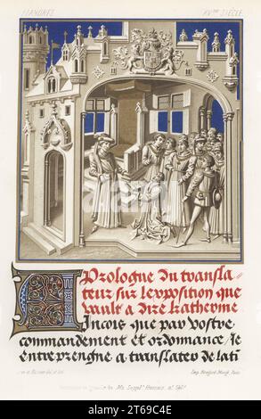 Jean Mielot offre il suo manoscritto a Filippo III, duca di Borgogna, 1457. Il duca in chaperon e mantello in un palazzo con trono e stemma. Frontespizio in grisaille tratto da le moindre des secretaires d'icelluy seigneur di Mielot, MS Supplement Francais 540.2. Flandres, XVe siecle. Chromolithograph di Ferdinand Sere e Auguste Racinet di Charles Louandres Les Arts Somptuaires, The Sumptuary Arts, Hangard-Mauge, Parigi, 1858. Foto Stock