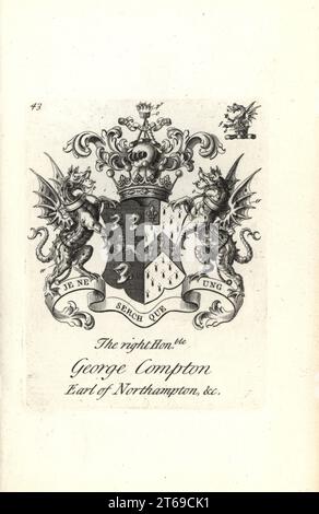 Stemma e stemma della destra onorevole George Compton, 6th conte di Northampton, 1692-1758. Incisione copperplate di Andrew Johnston dopo C. Gardiner da Notitia Anglicana, Che Spiega I Loro Successi di tutta La Nobiltà inglese, Andrew Johnson, The Strand, Londra, 1724. Foto Stock