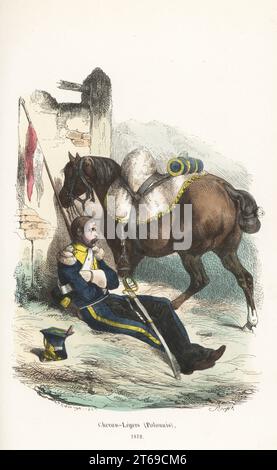 Soldato del 1° reggimento di cavalleria leggera (polacco), Guardia Imperiale francese, riposa con il suo cavallo in una stalla. In shako, cappotto e pantaloni blu rifiniti con spalline gialle bianche, armati di sciabola e lancia. Cavallo a mouton Shabrack. Chevau-Legers (Polonais), 1812. Taglio in legno a mano di Francois Rouget dopo un'illustrazione di Hippolyte Bellangé da P.M. Laurent de lArdeches Histoire de Napoleon, Parigi, 1840. Foto Stock