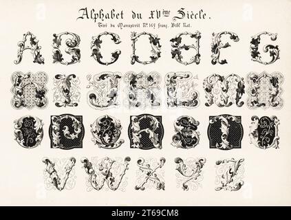 Alfabeto di lettere iniziali in fogliame da un manoscritto francese del 15 ° secolo. Alphabet du XVeme Siecle Tyre du manoscrt No. 145 Franc. Bibl. NAT. Chromolithograph progettato e litografato da Ernst Guillot dalla sua Ornementation des Manuscrits au Moyen-Age (decorazione da manoscritti del Medioevo), Parigi, 1897. Foto Stock