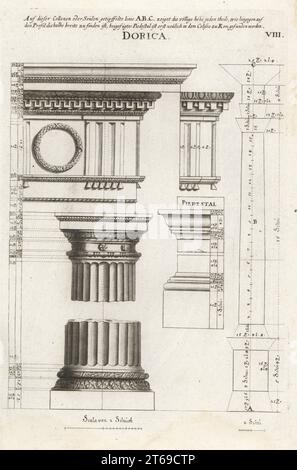 Colonna ordine dorico con entablatura. Dorische Säule mit Gebälkstücken. Copiato da Des ordres des colonnes di Abraham Bosse. Incisione su lastra di rame di Johann Franck di Joachim von Sandrarts LAcademia Todesca, della Architectura, Scultura & Pittura, oder Teutsche Academie, der Edlen Bau- Bild- und Mahlerey-Kunste, Accademia tedesca di architettura, scultura e pittura, Jacob von Sandrart, Norimberga, 1675. Foto Stock