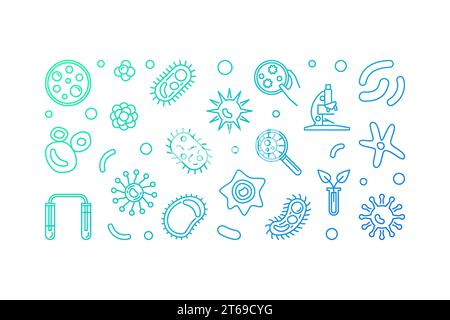 Illustrazione orizzontale creativa per microbiologia vettoriale realizzata con microscopio, microbi e virus delineano icone concettuali su sfondo bianco Illustrazione Vettoriale