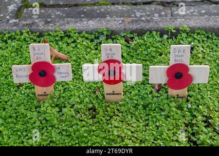 Beaconsfield, Regno Unito. 9 novembre 2023. Memorial Crosses by the War Memorial a Beaconsfield, Buckinghamshire, per il giorno dell'armistizio e la domenica della memoria di questo fine settimana. Ci sono preoccupazioni che la marcia pro-Palestina a Londra e in altre città del Regno Unito questo fine settimana possa provocare violenze per le strade. Credito: Maureen McLean/Alamy Live News Foto Stock