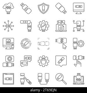 Set di icone di contorno dell'unità flash USB danneggiata. Simboli lineari o elementi di design del concetto di memory stick USB con rottura vettoriale Illustrazione Vettoriale