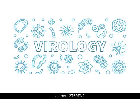 Banner orizzontale blu Virology. Illustrazione del concetto di biologia vettoriale in linea sottile realizzata con icone di microbi e virus su sfondo bianco Illustrazione Vettoriale