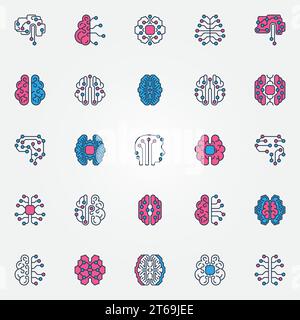 Set di icone colorate per il cervello digitale - intelligenza vettoriale segni creativi Smart Brain o elementi logo. Simboli del concetto di intelligenza artificiale Illustrazione Vettoriale