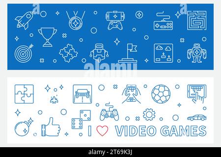 I Love Video Games delinea i banner. Illustrazione orizzontale del gioco vettoriale Illustrazione Vettoriale