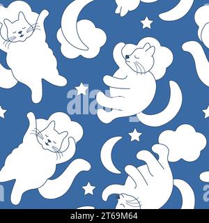 Cartoni animati senza cuciture disegnati a mano con gatti, luna e stelle dormienti su sfondo blu per tessuti o carta da imballaggio. Carino cartone animato Illustrazione Vettoriale