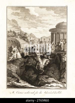 Il centurione romano Marco Curzio sacrificandosi a cavallo saltando in un abisso vicino al foro dopo un terremoto a Roma, 362 a.C. Devouement volontaire de Curtius. Incisione su lastra di rame su disegno di Benjamin Samuel Bolomey del professor Joseph Rudolf Zappes Gemalde aus der romischen Geschichte, Pictures of Roman History, Joseph Schalbacher, Vienna, 1800. Edizione tedesca di Abbe Claude Francois Xavier Millots Abrege de lHistoire Romaine. Foto Stock