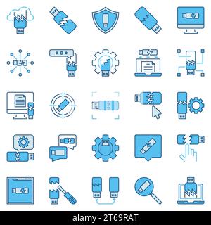 Icone creative dell'unità USB rotte o danneggiate. Segnali di perdita di informazioni o recupero dati Illustrazione Vettoriale
