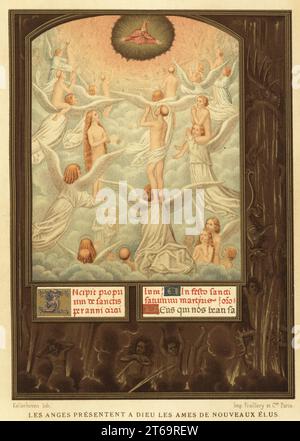 Angeli che presentano le anime del nuovo salvato a Dio. Da una miniatura attribuita a Hans Memling nel cardinale Grimanis Breviaire. Les Anges presentent a dieu les ames de nouveaux elus. Cromolitografia di Franz Kellerhoven Felix Elie Regamey di Paul Lacroixs la vie Militaire et Religieuse au Moyen Age et a lEpoque de la Renaissance, vita militare e religiosa nel Medioevo e nel Rinascimento, Parigi, 1873. Foto Stock