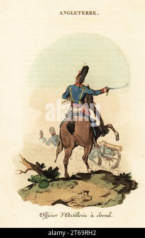 Ufficiale della Royal Horse Artillery, British Army, anni '1800 In uniforme di cavalleria leggera di casco Tarleton, giacca blu con pizzo dorato, calzini e stivali bianchi. Usa una sciabola per istruire i pistoleri. Ufficiale d'Artillerie a cheval. Incisione su copperplate a mano dopo un'illustrazione di William Alexander di J-B.. Eyries l'Angleterre ou Costumes, Moeurs et Usages des Anglais, England: Costumes, Manners and Mores of the English, Librairie de Gide Fils, Parigi, 1821. Jean-Baptiste Eyries (1767-1846) è stato un geografo, autore e traduttore francese. Foto Stock