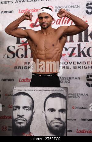 Brighton, Regno Unito. 9 novembre 2023. Harlem Eubank e Timo Schwarzkopf pesano al Grand Hotel di Brighton. Crediti: James Boardman/Alamy Live News Foto Stock