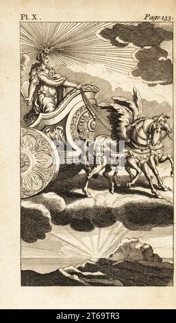 Aurora, dea romana dell'alba. Lei cavalca una biga o un carro trainato da due cavalli alati. Incisione su lastra di rame di Andrew Tookes il Pantheon, che rappresenta le favolose storie degli dei di Heathen, Londra, 1757. Foto Stock