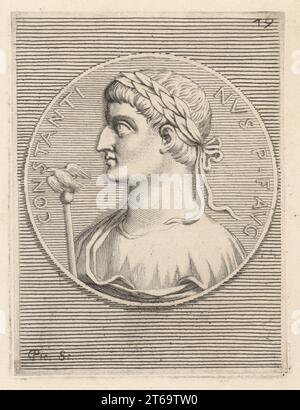 Costantino i, noto anche come Costantino il grande, imperatore romano, 272-337. Primo a convertirsi al cristianesimo. Indossa la corona civica, la corona civica, e regge uno scettro di aquila da una medaglia di bronzo. Costantino Magno. Constantinus P F ago Incisione su lastra di Etienne Picart su Giovanni Angelo Canini di Iconografia, cioe disegni d'imagini de famosissimi monarchi, regi, filososi, poeti ed oratori dell'Antichita, disegni di immagini di famosi monarchi, re, filosofi, poeti e oratori dell'antichità, Ignatio deLazari, Roma, 1699. Foto Stock