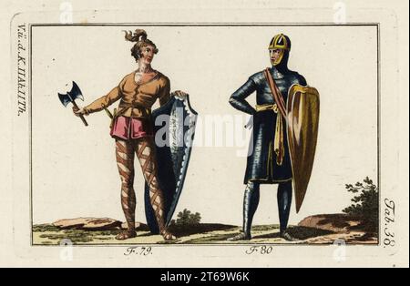 Frankish capo con ascia, spada e scudo, e soldato in armatura corpo pieno con casco e scudo, 8 ° secolo. Per rendersi più terrificanti, i capi hanno legato i loro capelli sulla testa come un pennacchio 79. Franco soldato in costume di armeria di chainmail preso da una tomba nella chiesa dell'abbazia di Bonneval en Beauce 80. Incisione a mano su copperplate dal quadro storico di Robert von Spalart dei costumi del principale popolo dell'antichità e del Medioevo, Vienna, 1796. Foto Stock